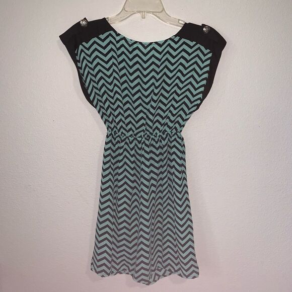 Ciel Chevron Striped A Line Mini Dress Teal Black - Picture 7 of 8